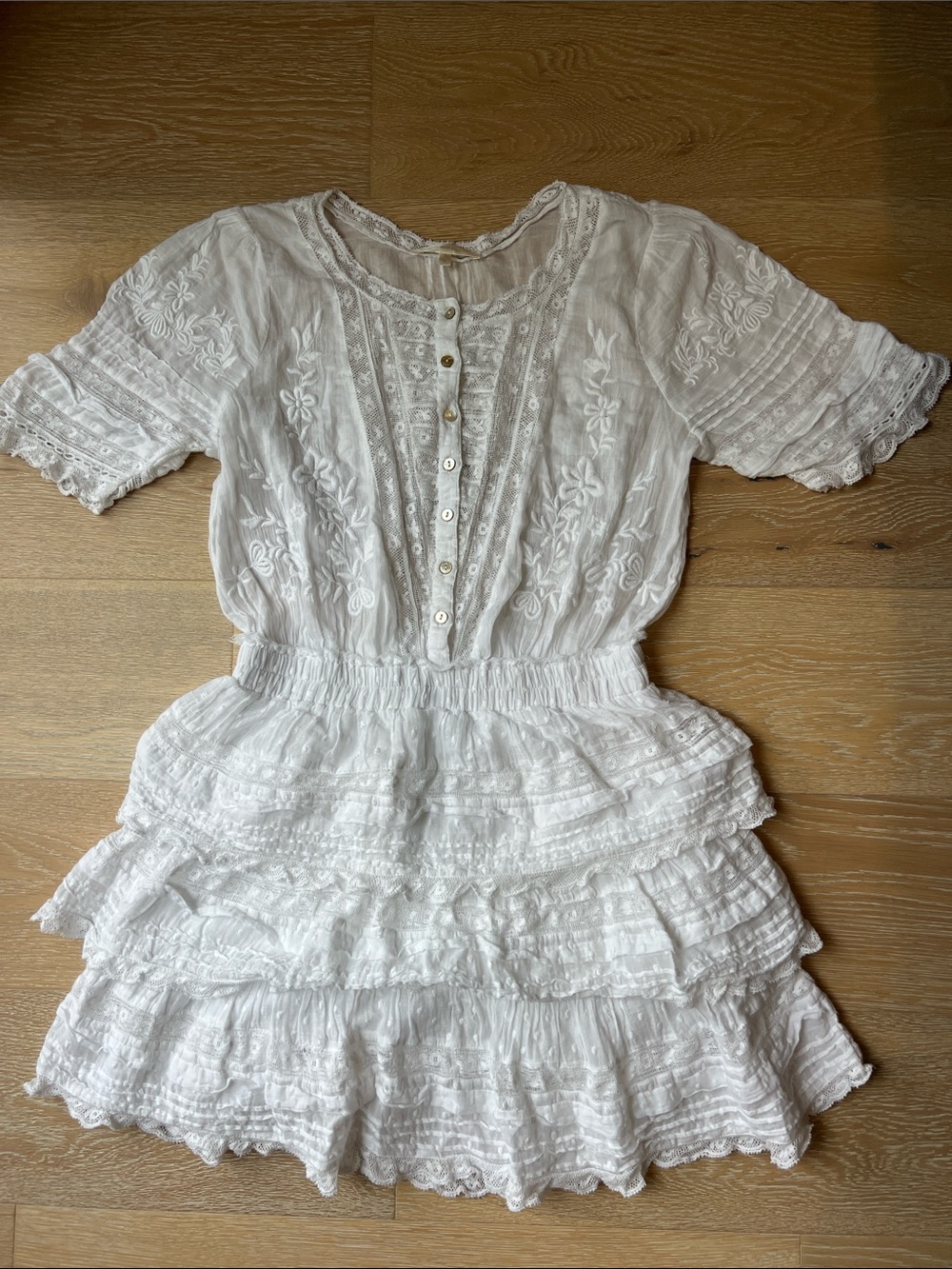 LoveShackFancy White Embroidered Ruffle Dress